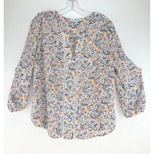 Collective Concepts Womens Blue Floral & Paisley Popover Blouse Long Sleeve Sz L